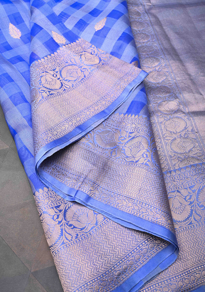 Carolina Blue Checks Pure Banarasi Kora by Tussar Silk Saree with Zari Buttas and Zari Border | SILK MARK CERTIFIED