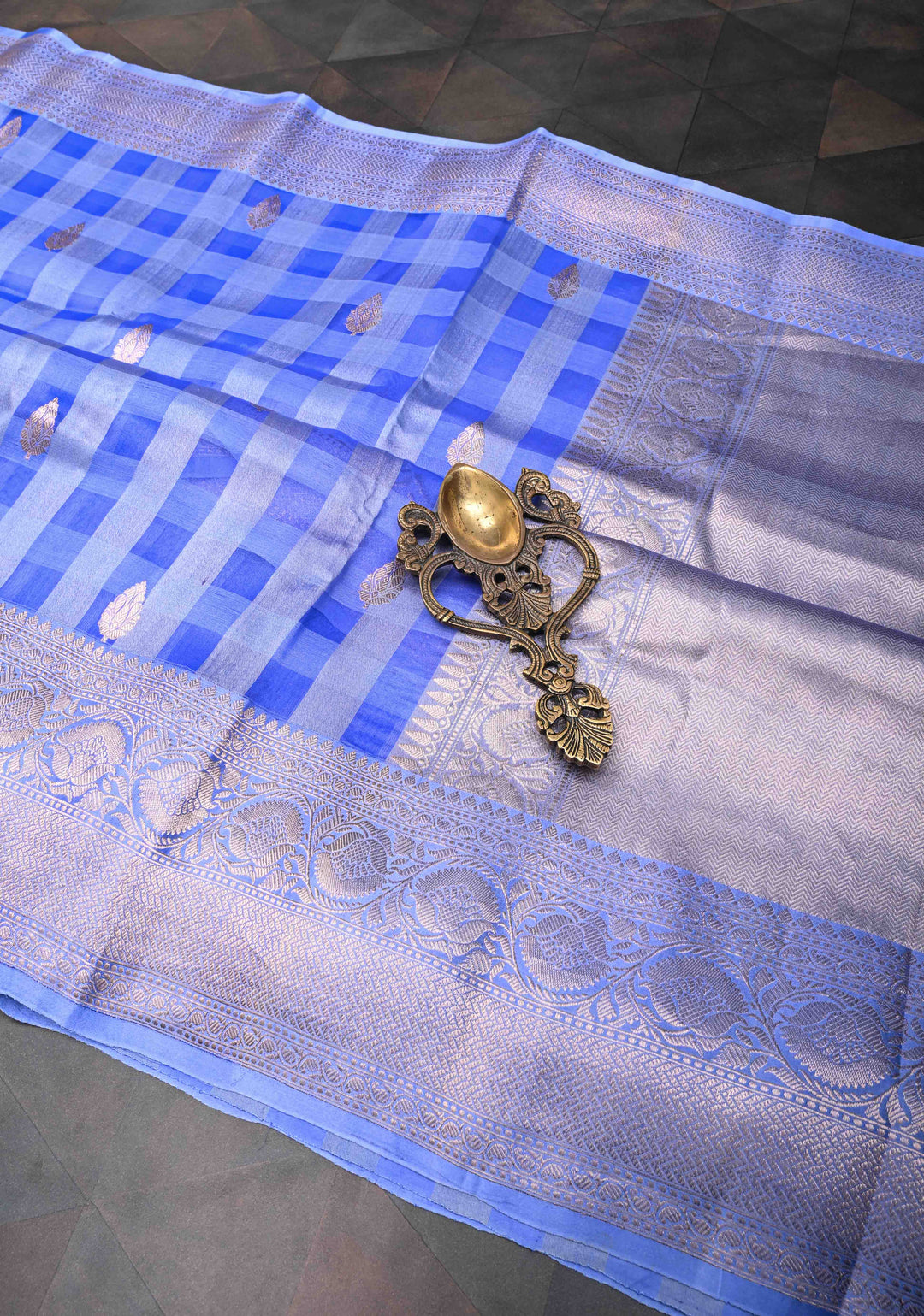 Carolina Blue Checks Pure Banarasi Kora by Tussar Silk Saree with Zari Buttas and Zari Border | SILK MARK CERTIFIED