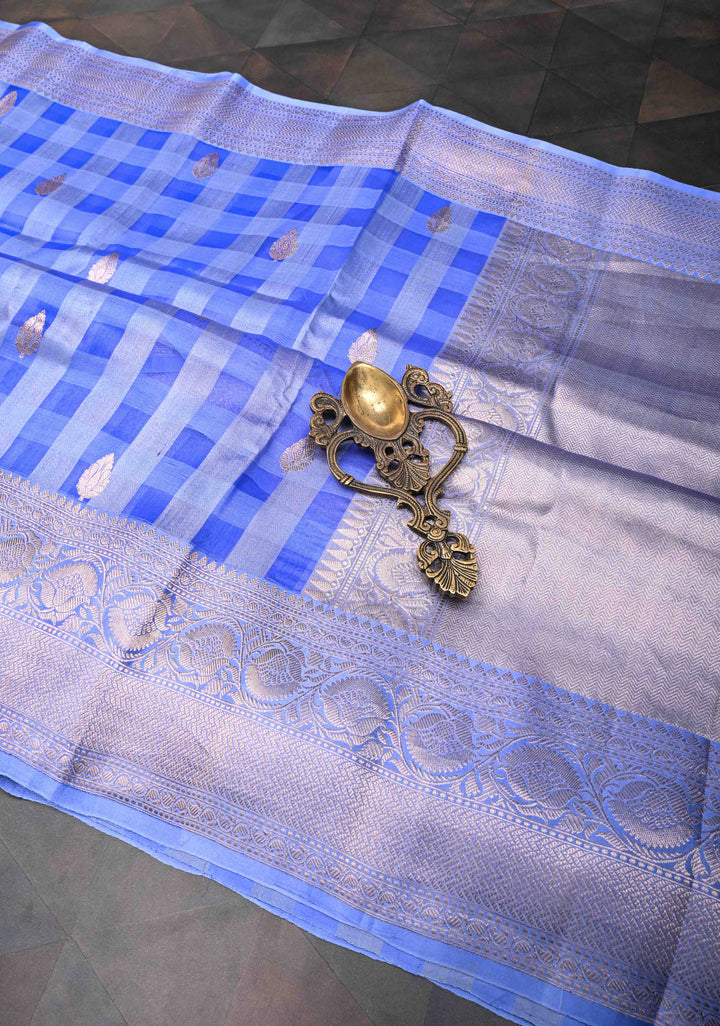 Carolina Blue Checks Pure Banarasi Kora by Tussar Silk Saree with Zari Buttas and Zari Border | SILK MARK CERTIFIED