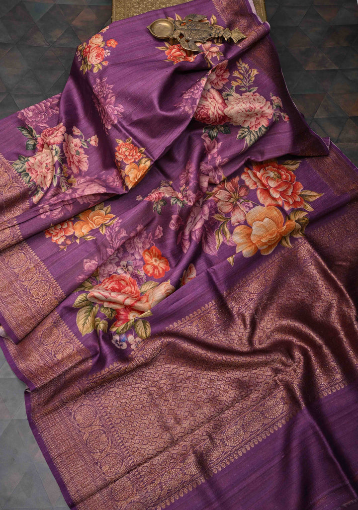 Purple Banarasi Tussar Silk Saree with Digital Floral Print and Antique Zari Border | SILK MARK CERTIFIED