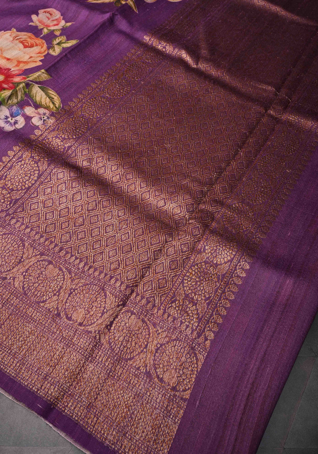 Purple Banarasi Tussar Silk Saree with Digital Floral Print and Antique Zari Border | SILK MARK CERTIFIED