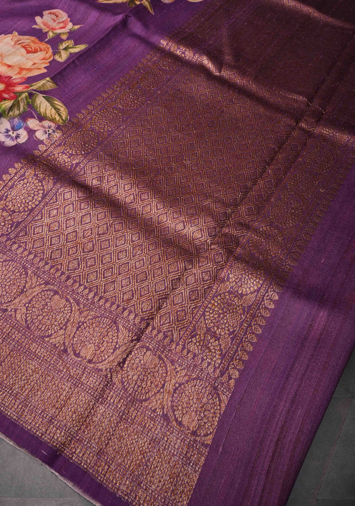 Purple Banarasi Tussar Silk Saree with Digital Floral Print and Antique Zari Border | SILK MARK CERTIFIED