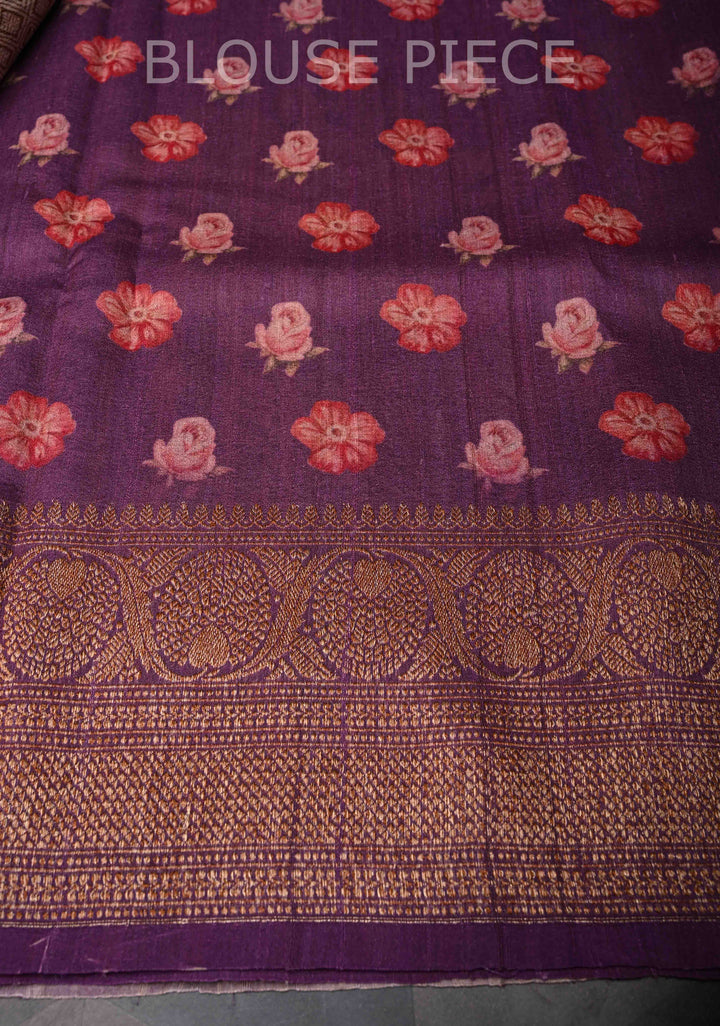 Purple Banarasi Tussar Silk Saree with Digital Floral Print and Antique Zari Border | SILK MARK CERTIFIED