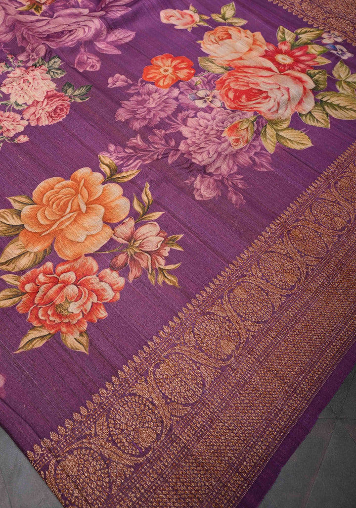 Purple Banarasi Tussar Silk Saree with Digital Floral Print and Antique Zari Border | SILK MARK CERTIFIED