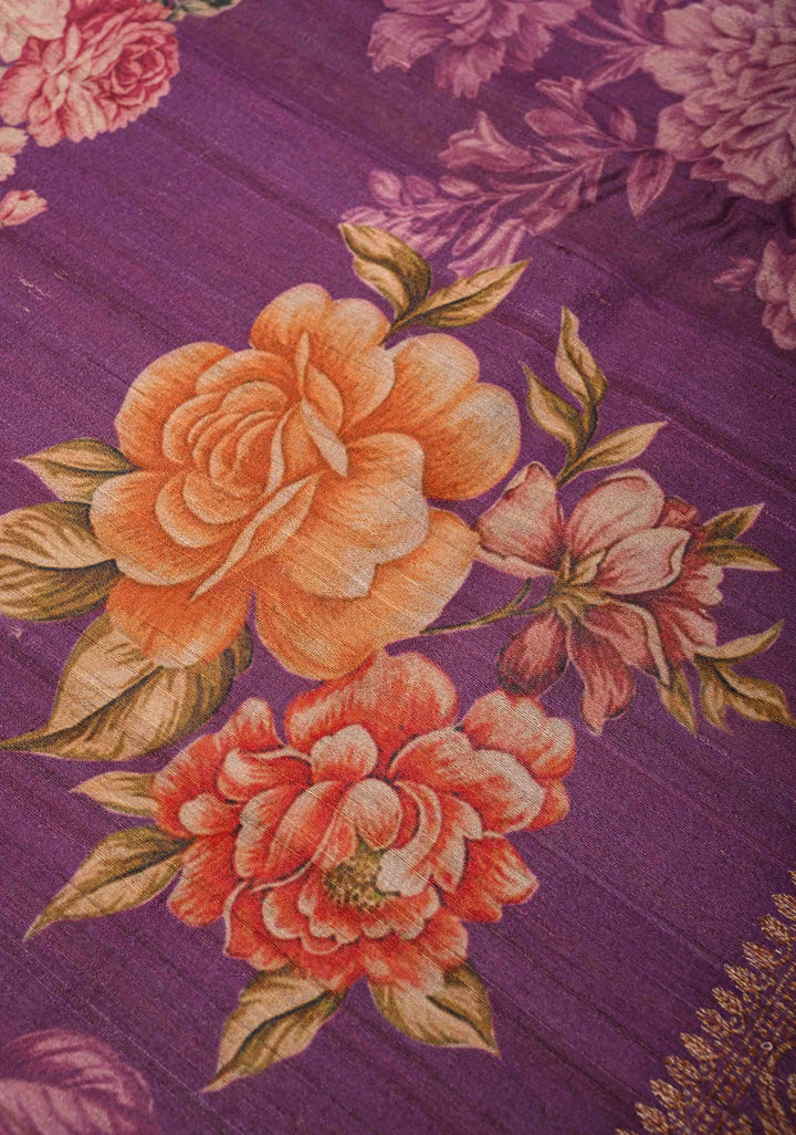 Purple Banarasi Tussar Silk Saree with Digital Floral Print and Antique Zari Border | SILK MARK CERTIFIED