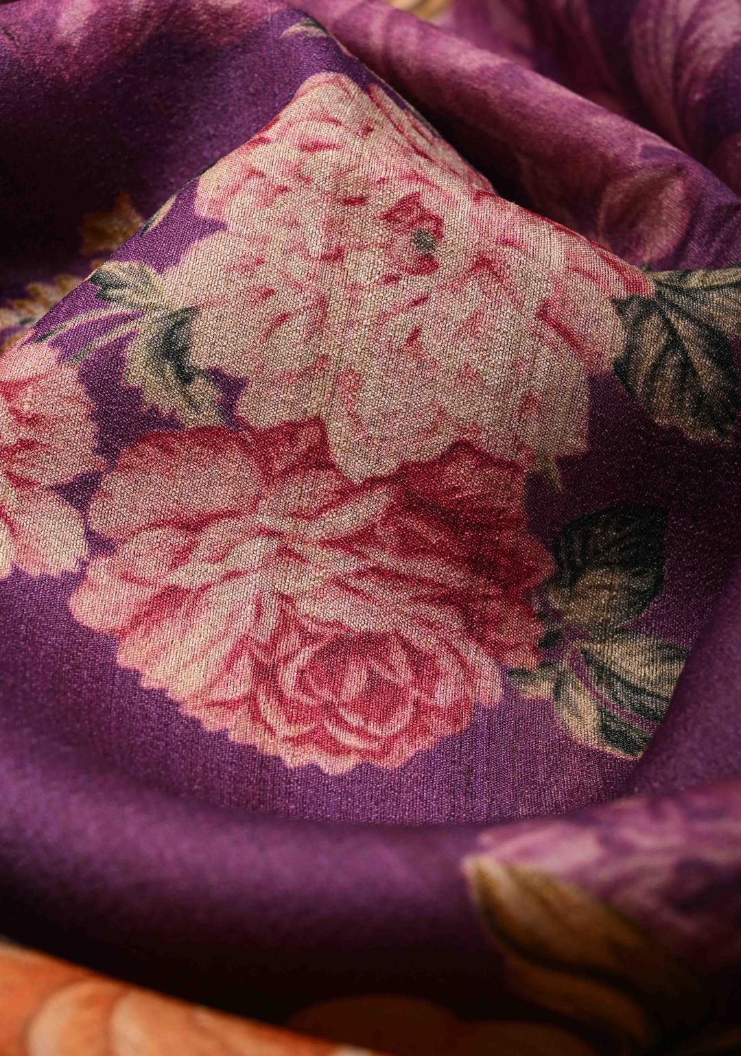 Purple Banarasi Tussar Silk Saree with Digital Floral Print and Antique Zari Border | SILK MARK CERTIFIED