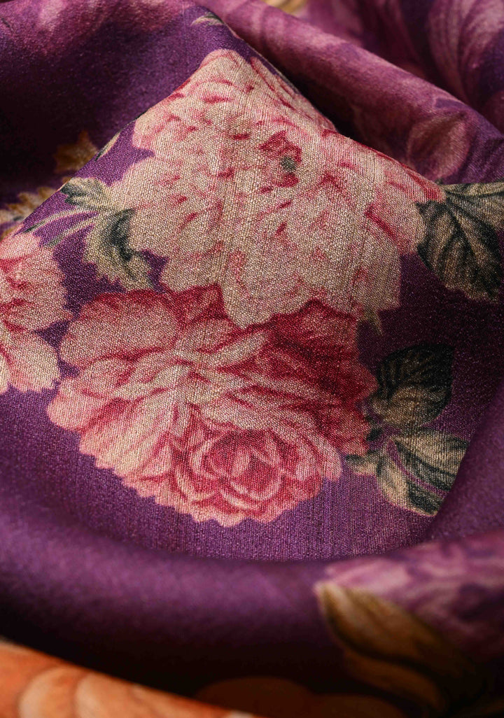 Purple Banarasi Tussar Silk Saree with Digital Floral Print and Antique Zari Border | SILK MARK CERTIFIED