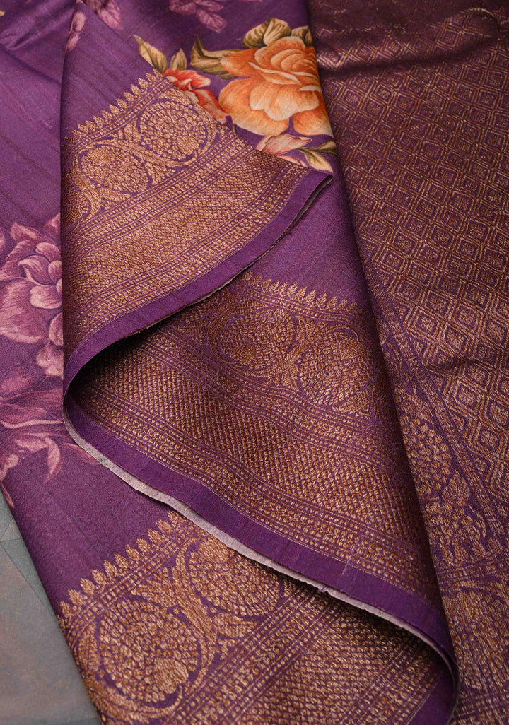 Purple Banarasi Tussar Silk Saree with Digital Floral Print and Antique Zari Border | SILK MARK CERTIFIED
