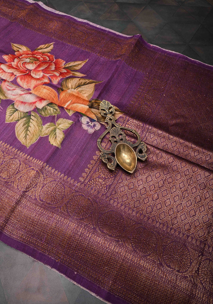 Purple Banarasi Tussar Silk Saree with Digital Floral Print and Antique Zari Border | SILK MARK CERTIFIED
