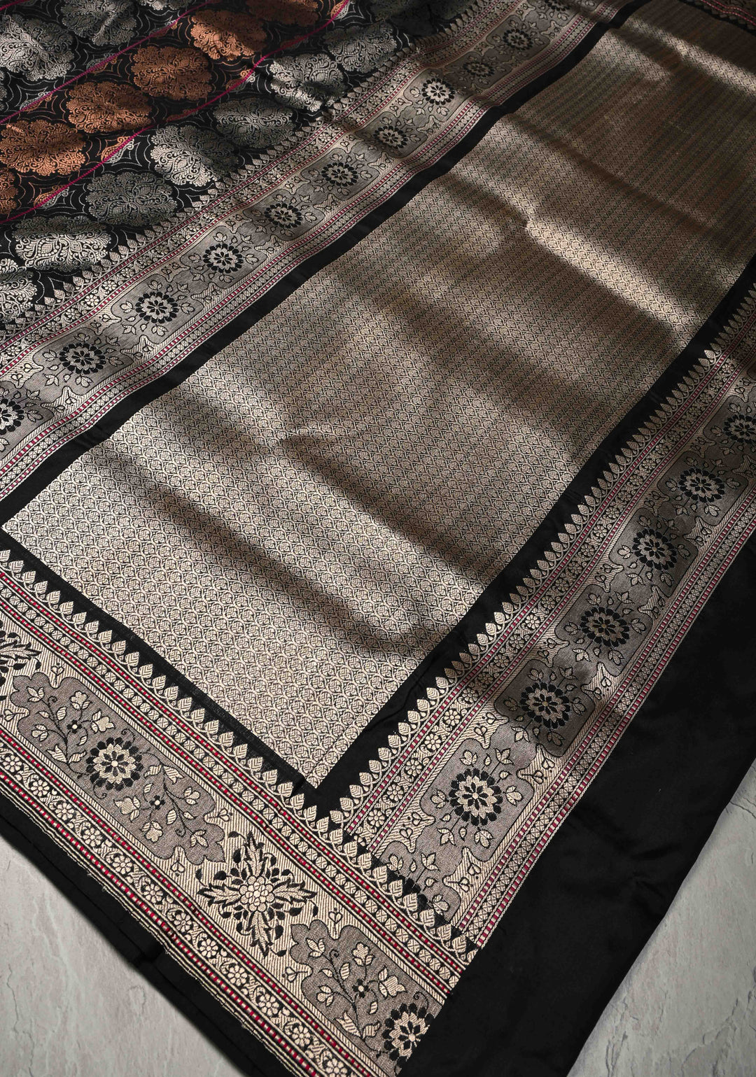 Black  Banarasi Katan Silk Saree with Copper-Silver Brocade and Zari Border| SILK MARK CERTIFIED | SHOBITAM