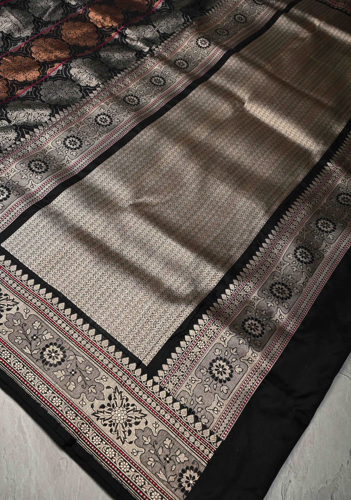 Black  Banarasi Katan Silk Saree with Copper-Silver Brocade and Zari Border| SILK MARK CERTIFIED | SHOBITAM