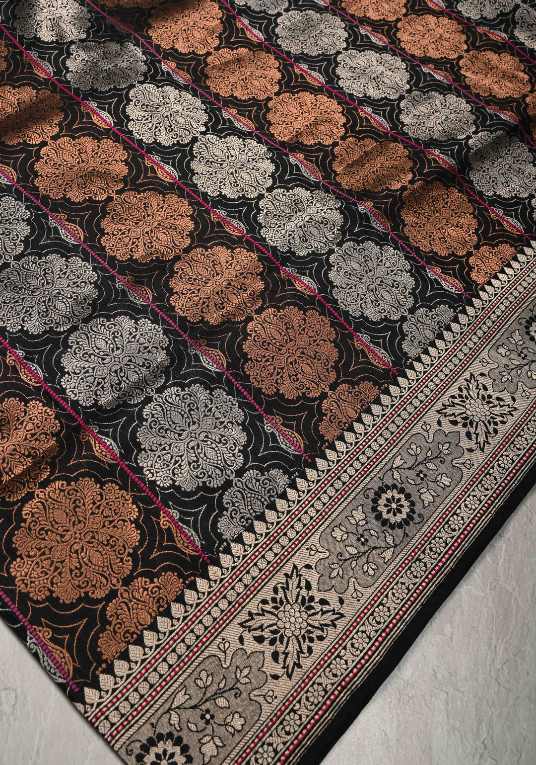 Black  Banarasi Katan Silk Saree with Copper-Silver Brocade and Zari Border| SILK MARK CERTIFIED | SHOBITAM