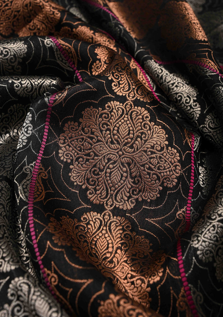 Black  Banarasi Katan Silk Saree with Copper-Silver Brocade and Zari Border| SILK MARK CERTIFIED | SHOBITAM