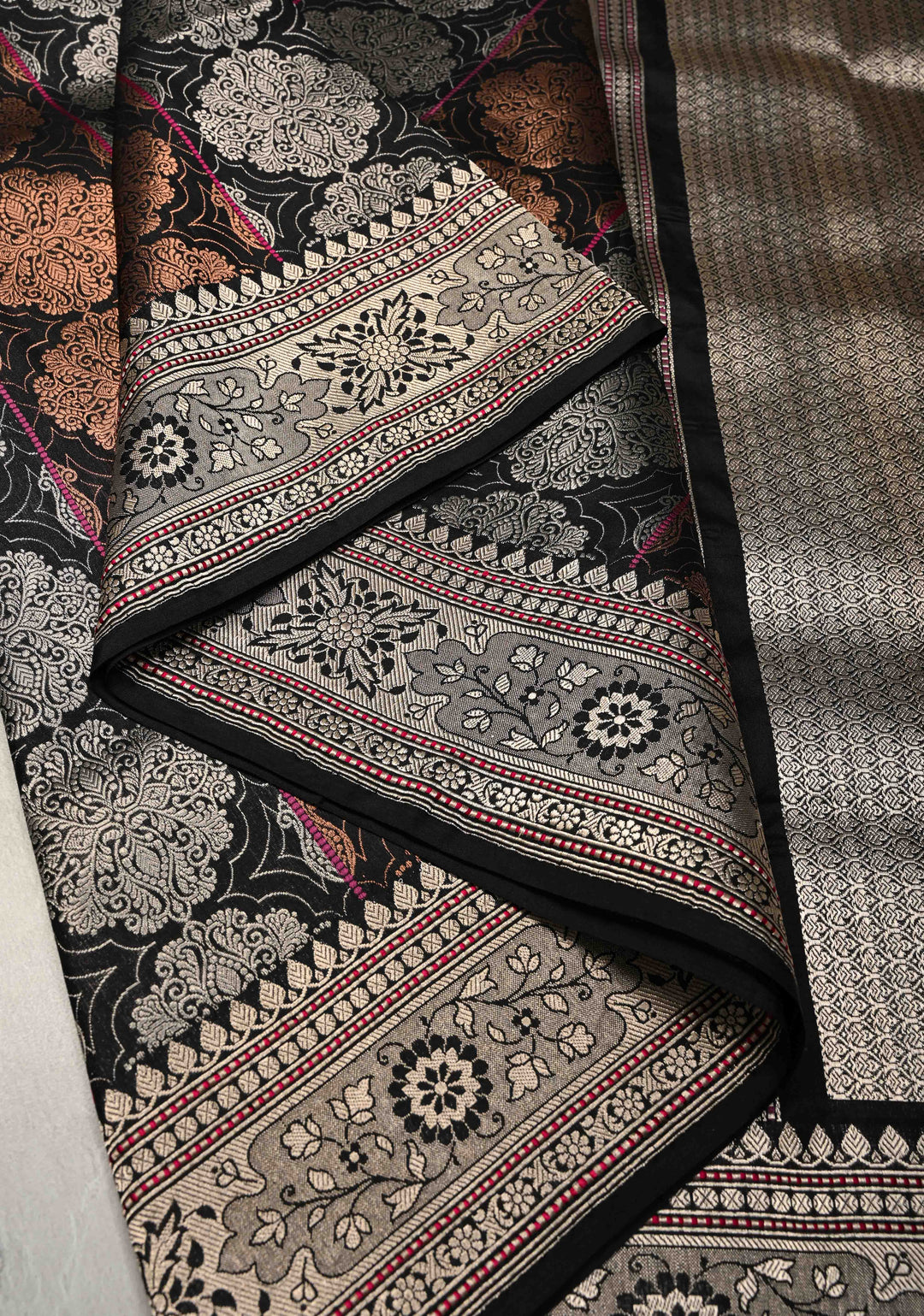Black  Banarasi Katan Silk Saree with Copper-Silver Brocade and Zari Border| SILK MARK CERTIFIED | SHOBITAM