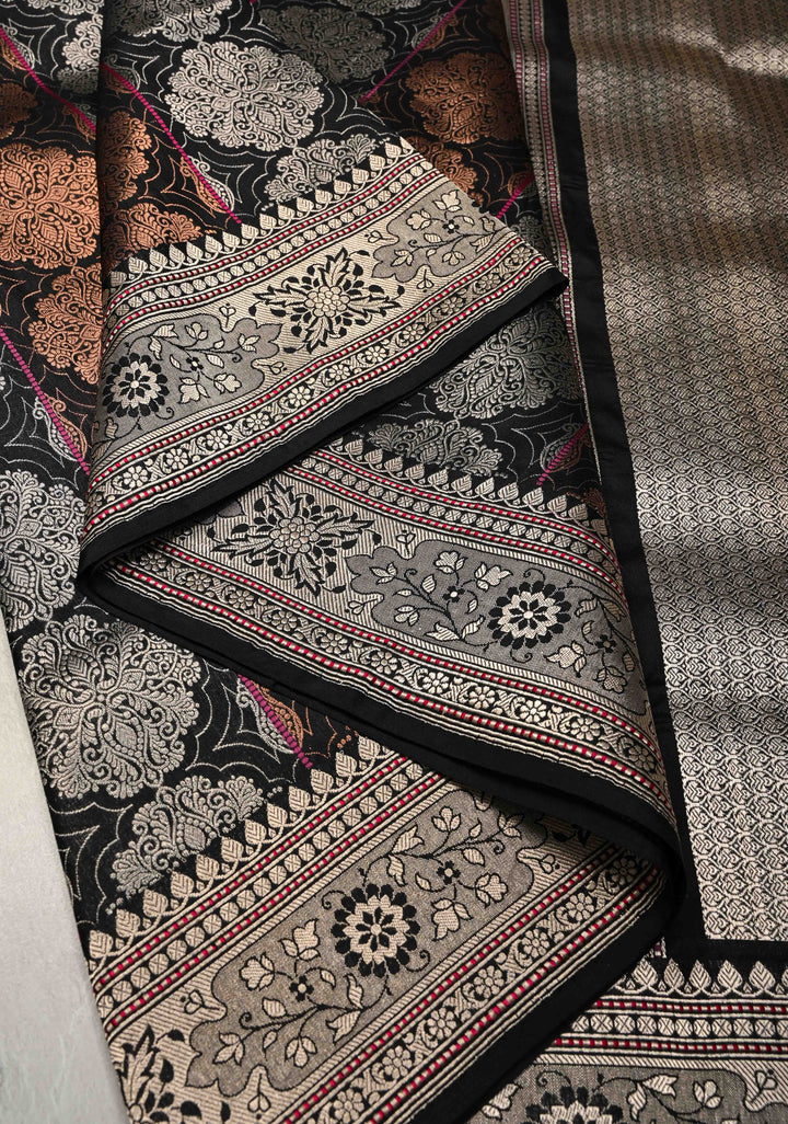 Black  Banarasi Katan Silk Saree with Copper-Silver Brocade and Zari Border| SILK MARK CERTIFIED | SHOBITAM