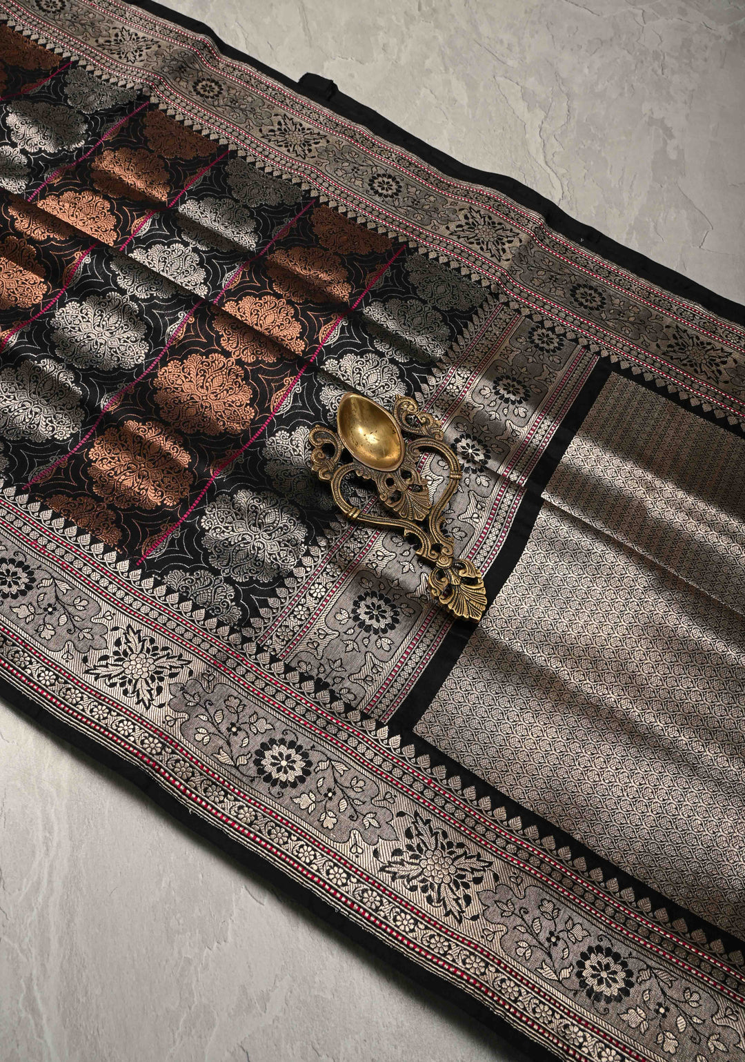 Black  Banarasi Katan Silk Saree with Copper-Silver Brocade and Zari Border| SILK MARK CERTIFIED | SHOBITAM