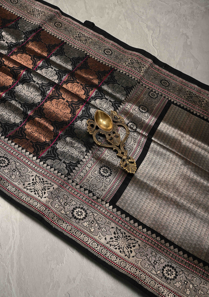 Black  Banarasi Katan Silk Saree with Copper-Silver Brocade and Zari Border| SILK MARK CERTIFIED | SHOBITAM