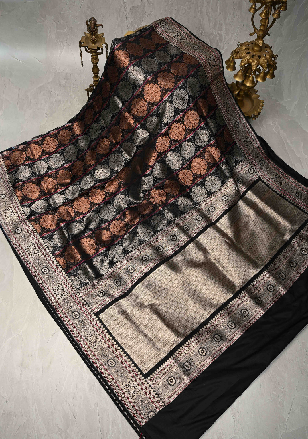 Black  Banarasi Katan Silk Saree with Copper-Silver Brocade and Zari Border| SILK MARK CERTIFIED | SHOBITAM