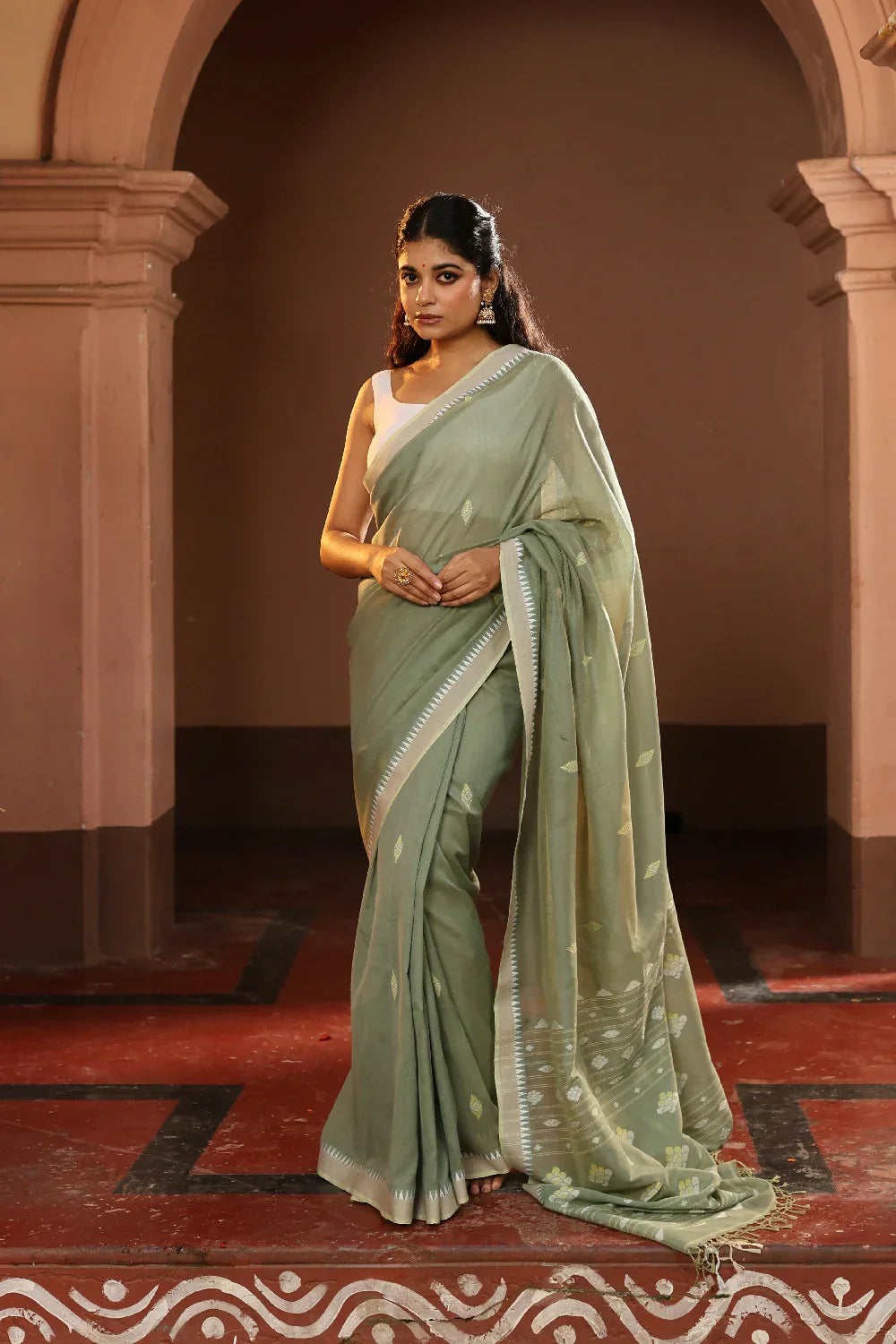 Handloom Pistachio Green Pure Cotton Jamdani Saree | SHOBITAM