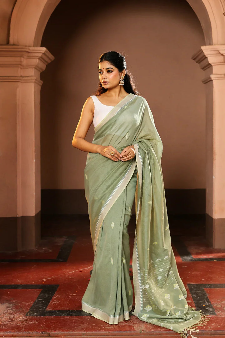 Handloom Pistachio Green Pure Cotton Jamdani Saree | SHOBITAM