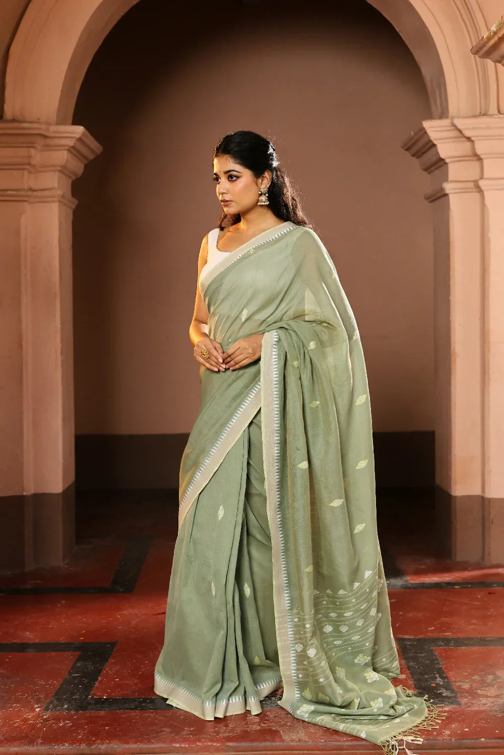 Handloom Pistachio Green Pure Cotton Jamdani Saree | SHOBITAM