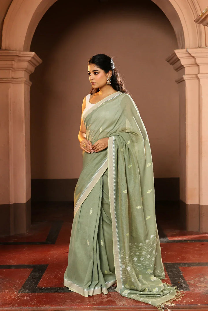 Handloom Pistachio Green Pure Cotton Jamdani Saree | SHOBITAM
