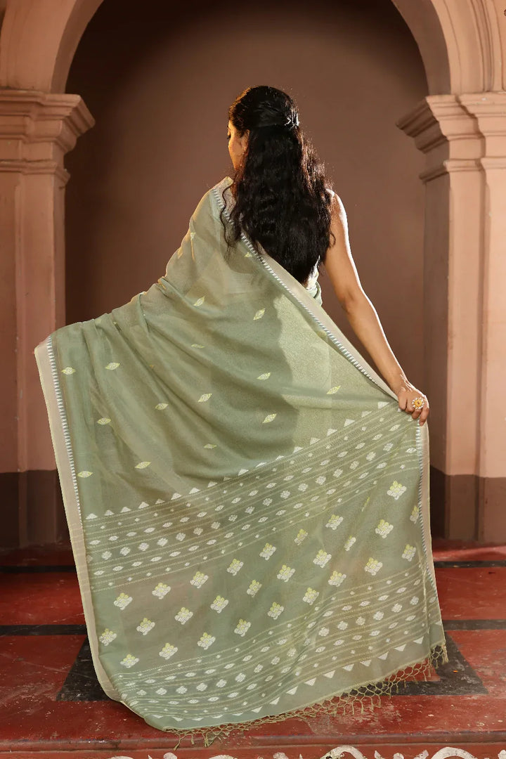 Handloom Pistachio Green Pure Cotton Jamdani Saree | SHOBITAM