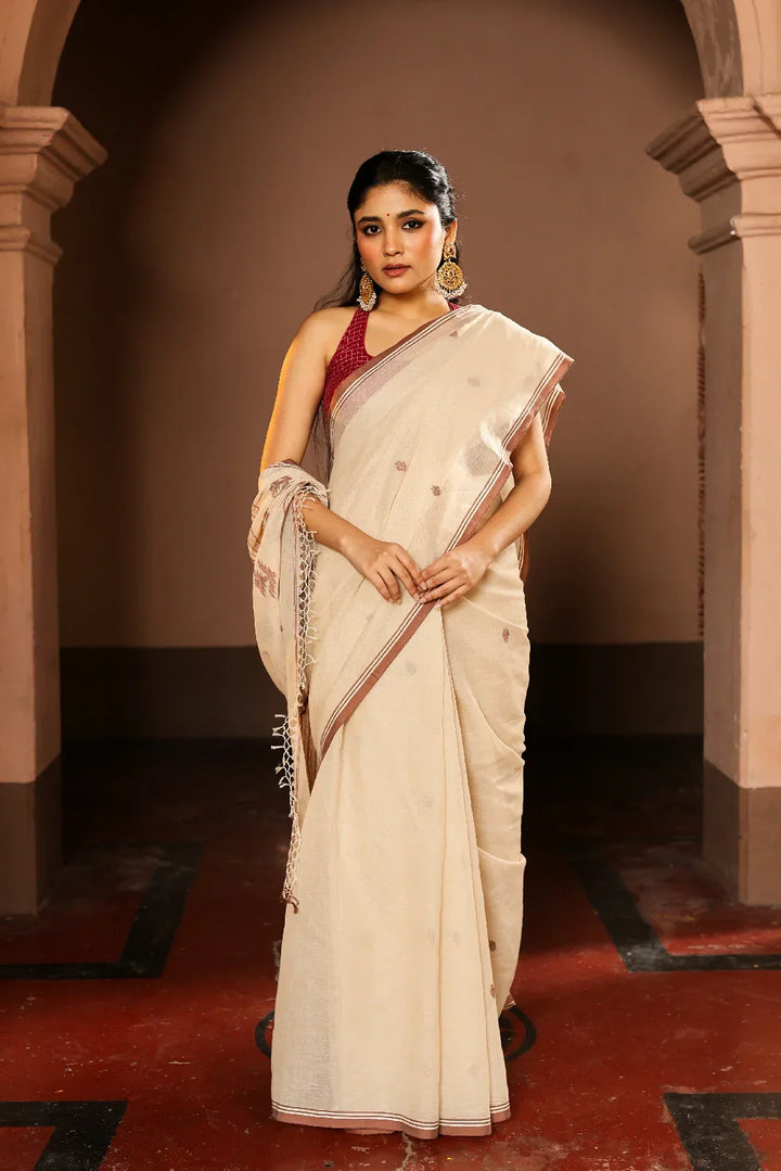 Handloom Beige Pure Cotton Jamdani Saree | SHOBITAM