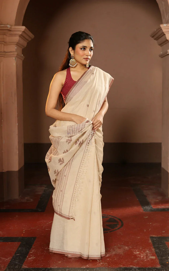 Handloom Beige Pure Cotton Jamdani Saree | SHOBITAM