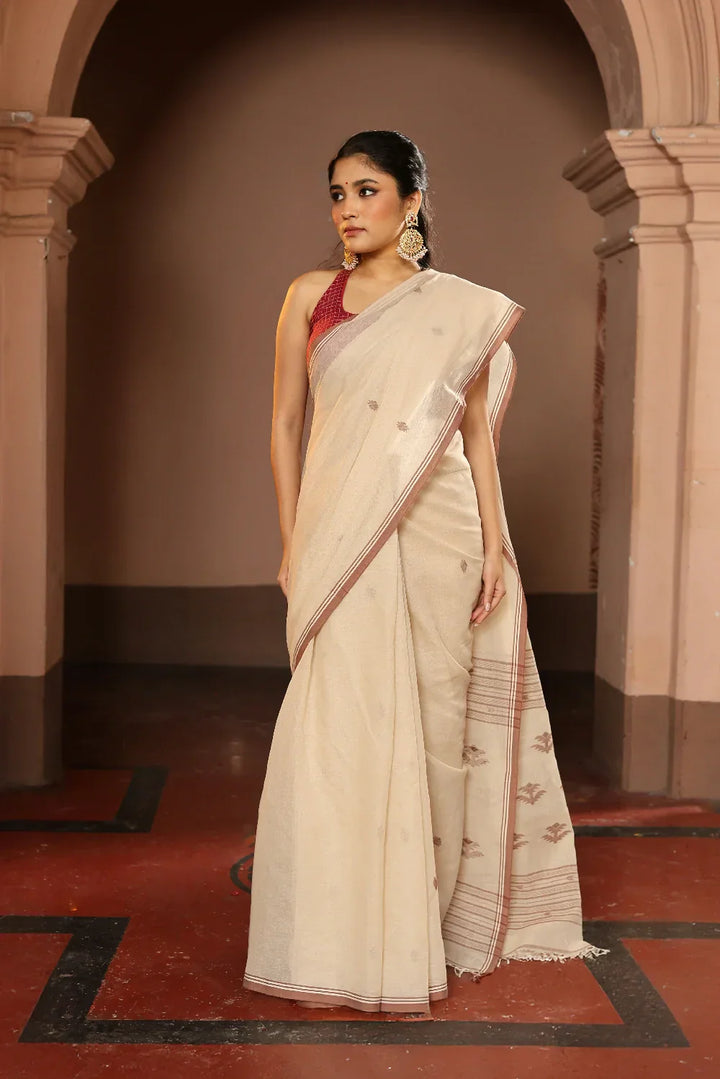 Handloom Beige Pure Cotton Jamdani Saree | SHOBITAM