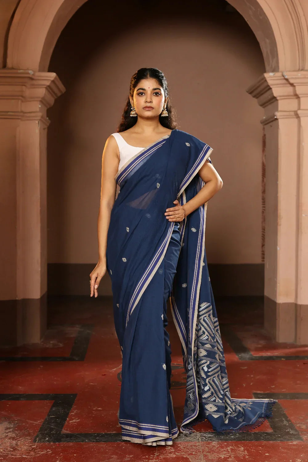 Handloom Navy Blue Pure Cotton Jamdani Saree | SHOBITAM