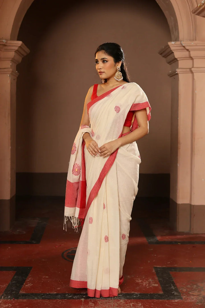 Handloom Red and White Pure Cotton Jamdani Saree | SHOBITAM