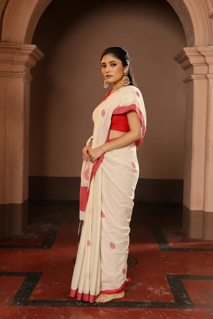 Handloom Red and White Pure Cotton Jamdani Saree | SHOBITAM