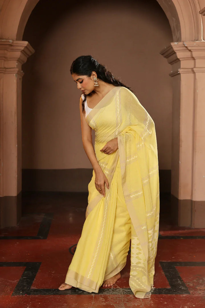 Handloom Lemon Yellow Pure Cotton Jamdani Saree | SHOBITAM