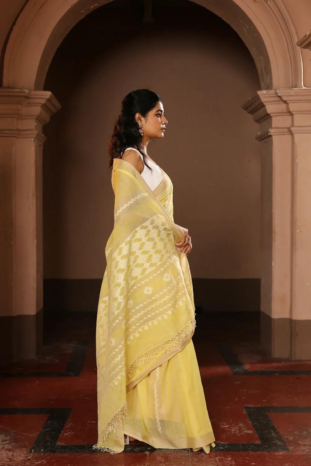 Handloom Lemon Yellow Pure Cotton Jamdani Saree | SHOBITAM