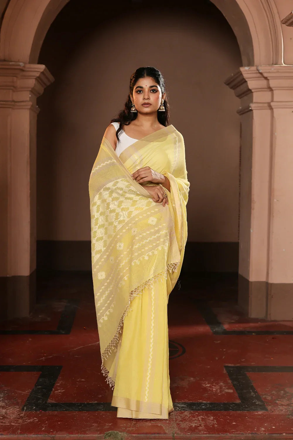 Handloom Lemon Yellow Pure Cotton Jamdani Saree | SHOBITAM