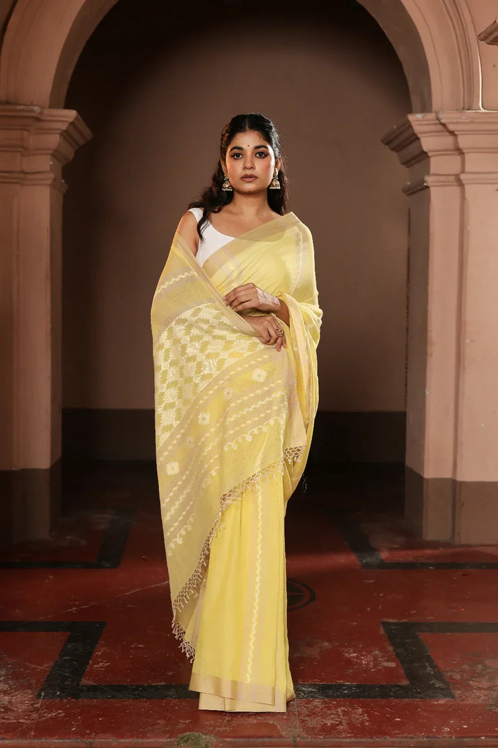 Handloom Lemon Yellow Pure Cotton Jamdani Saree | SHOBITAM