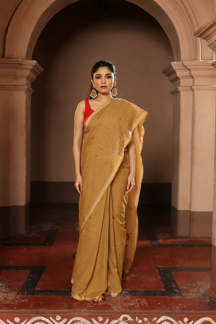 Handloom Peanut Brown Pure Cotton Jamdani Saree | SHOBITAM