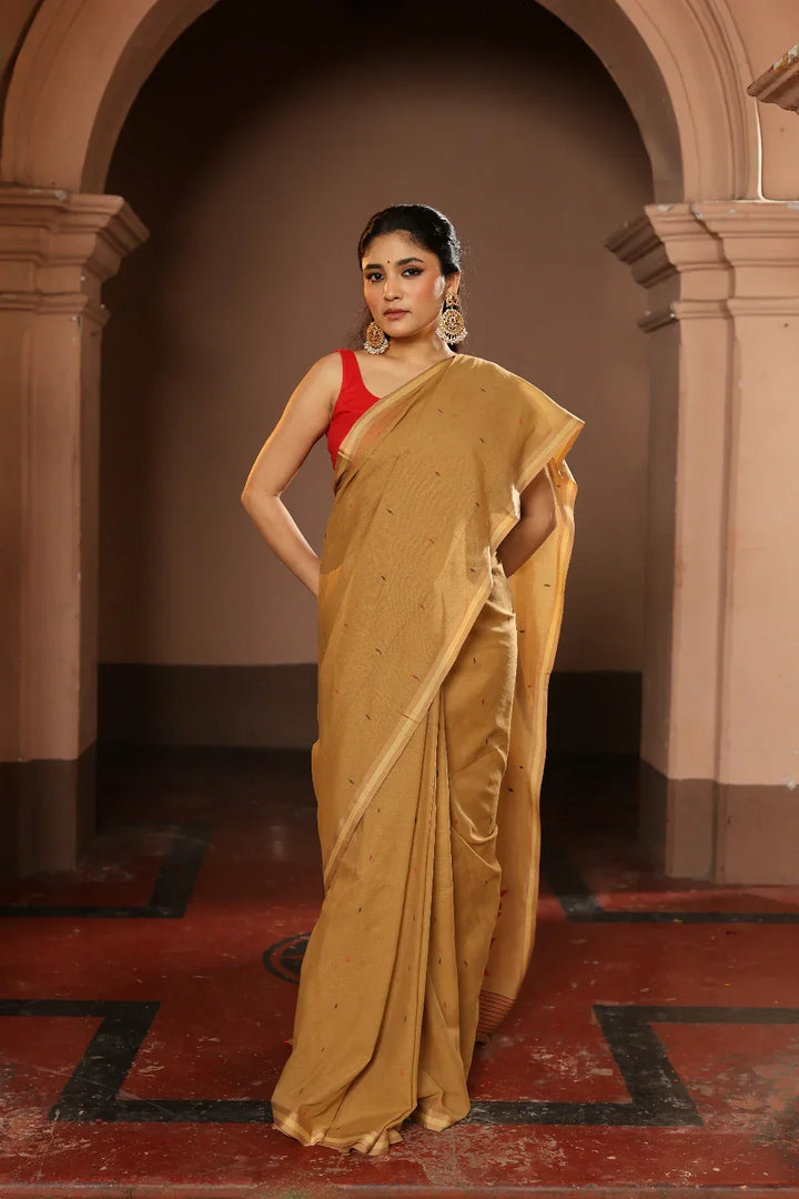Handloom Peanut Brown Pure Cotton Jamdani Saree | SHOBITAM