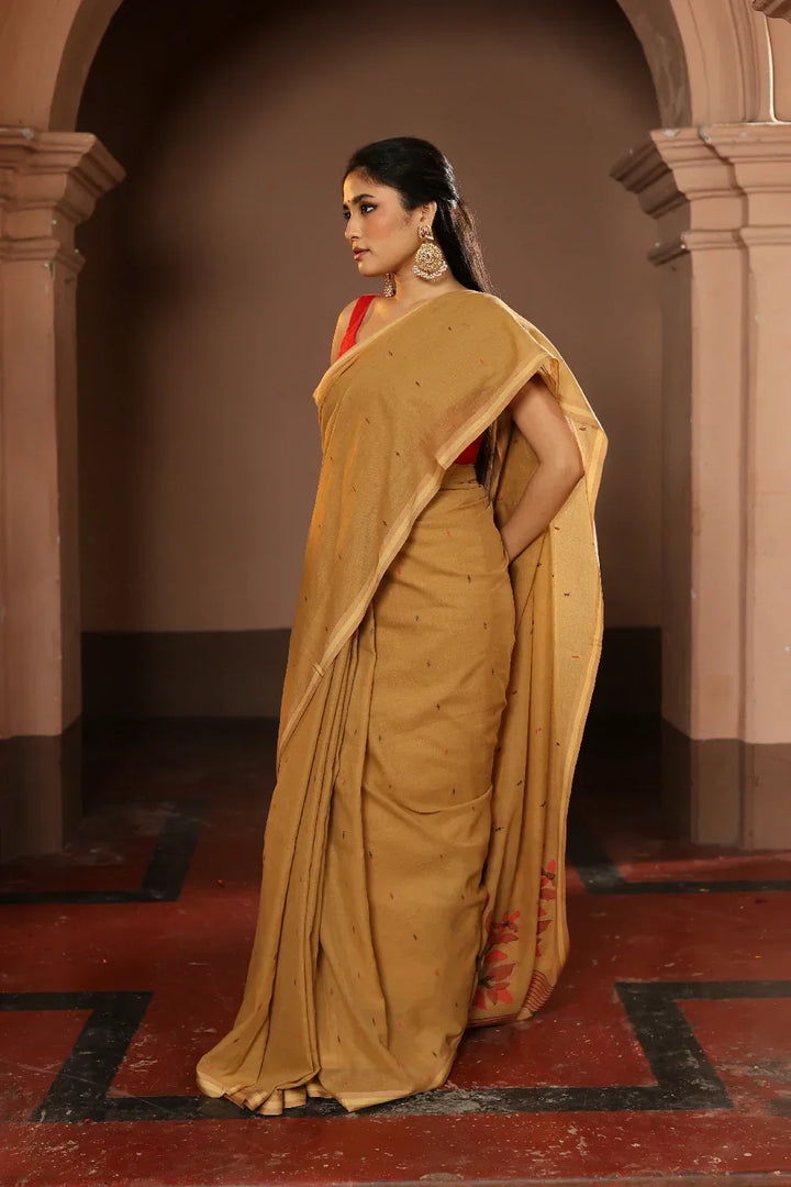 Handloom Peanut Brown Pure Cotton Jamdani Saree | SHOBITAM