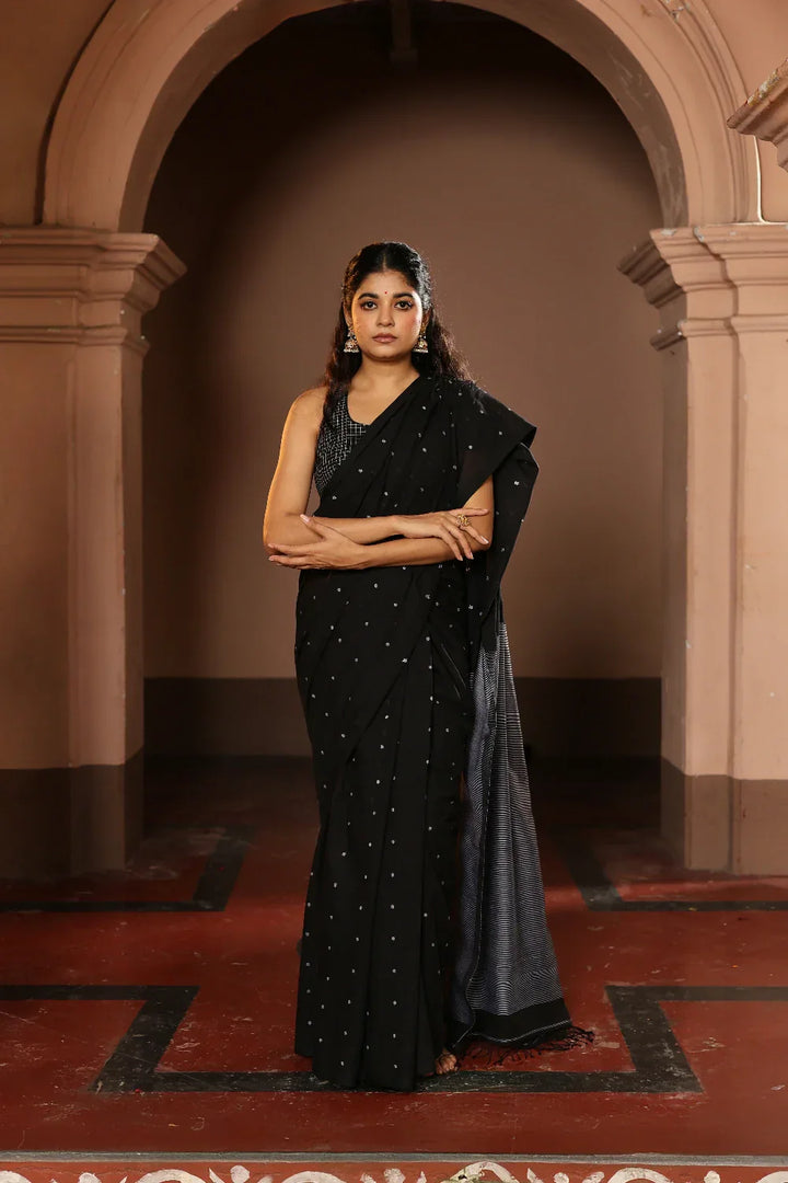Handloom Black Polka Pure Cotton Jamdani Saree | SHOBITAM