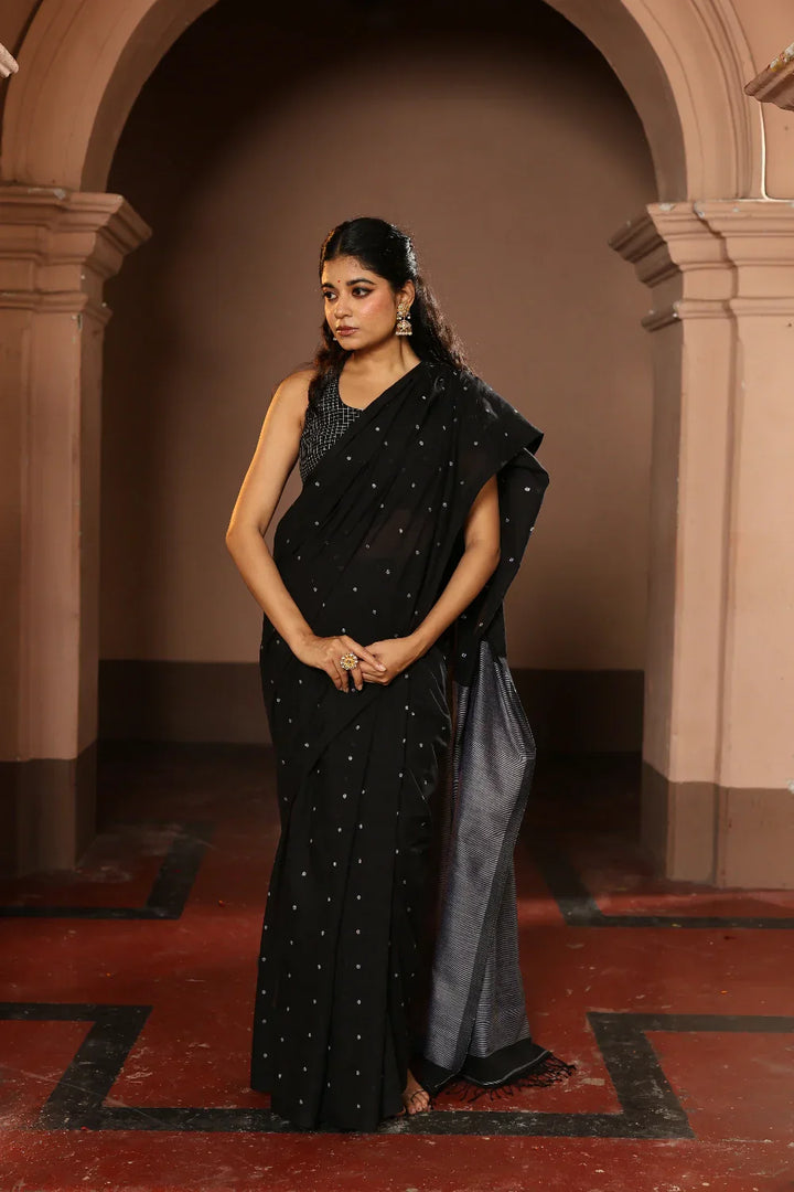 Handloom Black Polka Pure Cotton Jamdani Saree | SHOBITAM