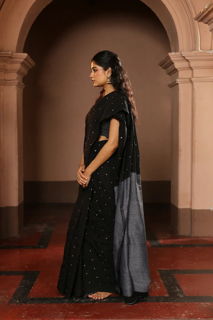 Handloom Black Polka Pure Cotton Jamdani Saree | SHOBITAM