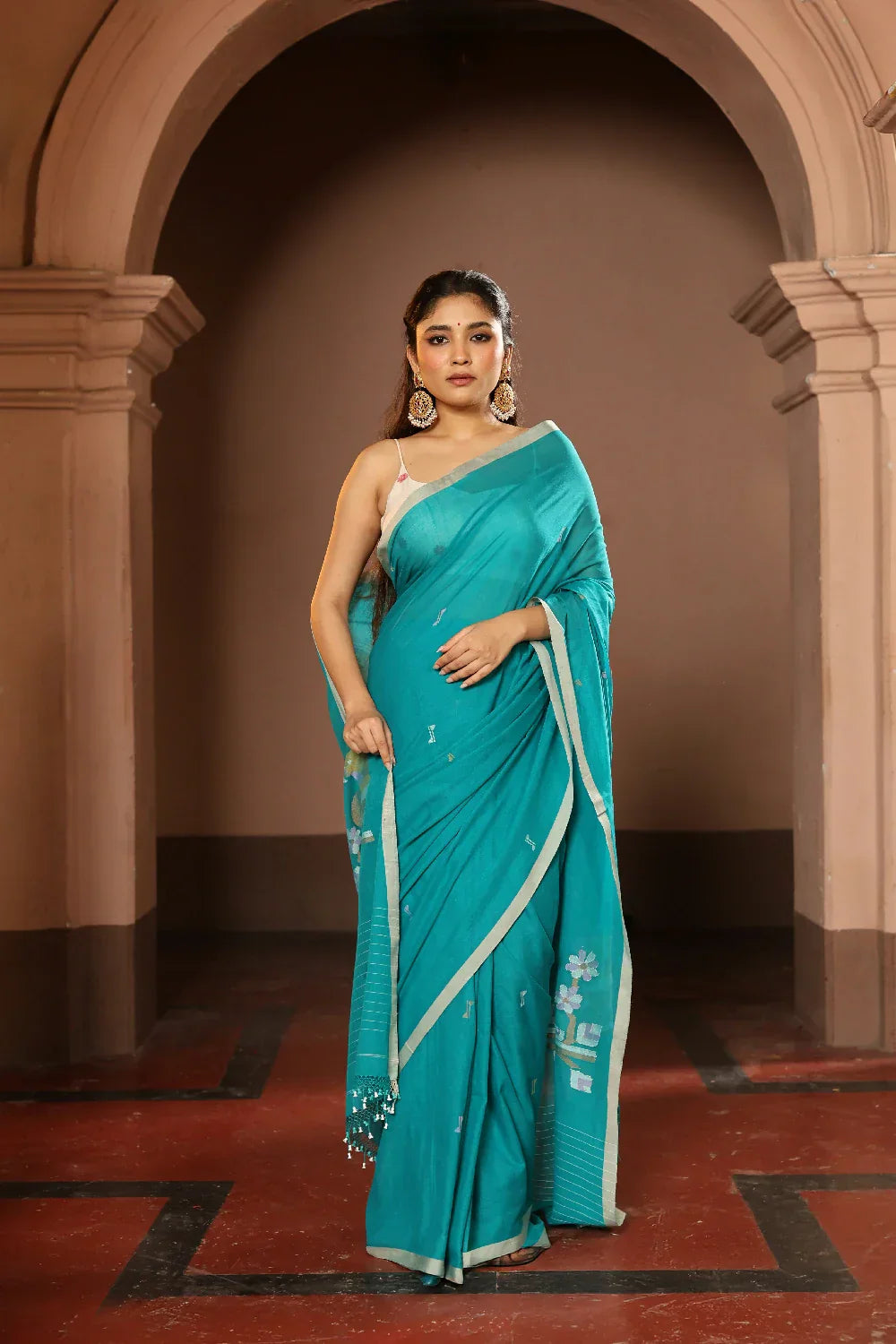 Handloom Teal Blue Pure Cotton Contemporary Jamdani Saree | SHOBITAM