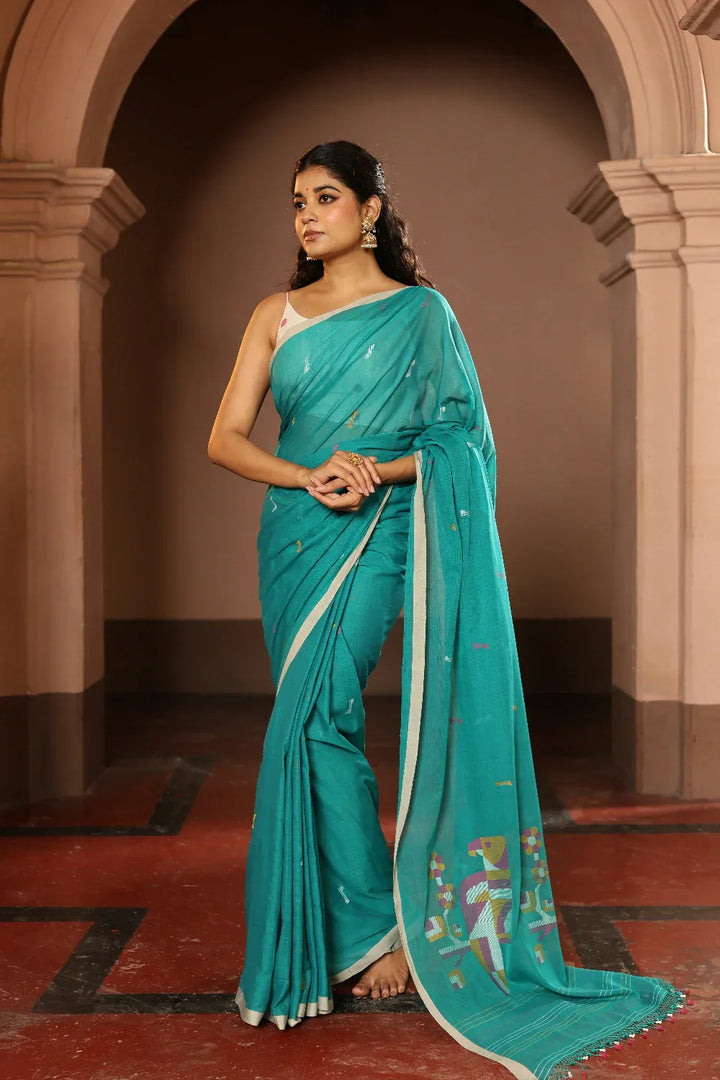 Handloom Deep Aqua Blue Pure Cotton Contemporary Jamdani Saree | SHOBITAM