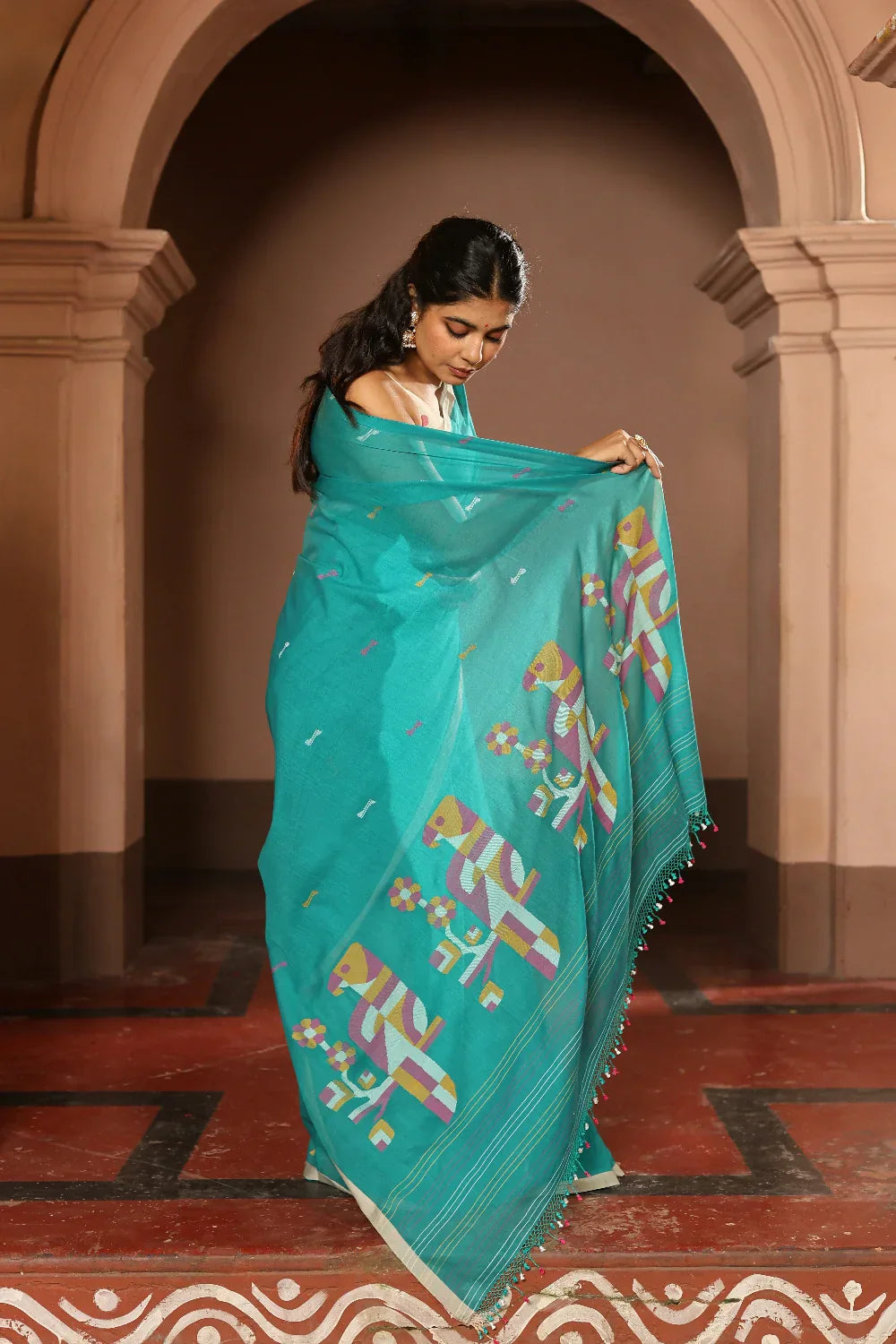 Handloom Deep Aqua Blue Pure Cotton Contemporary Jamdani Saree | SHOBITAM