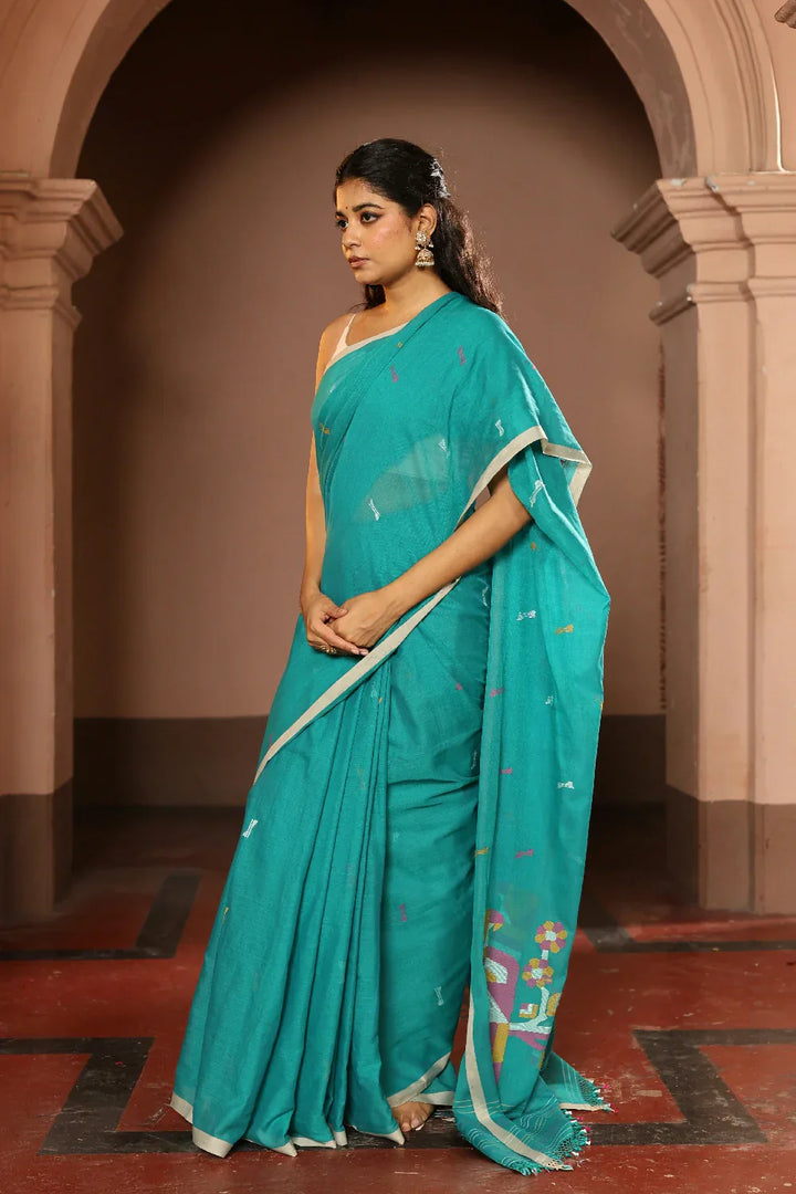 Handloom Deep Aqua Blue Pure Cotton Contemporary Jamdani Saree | SHOBITAM