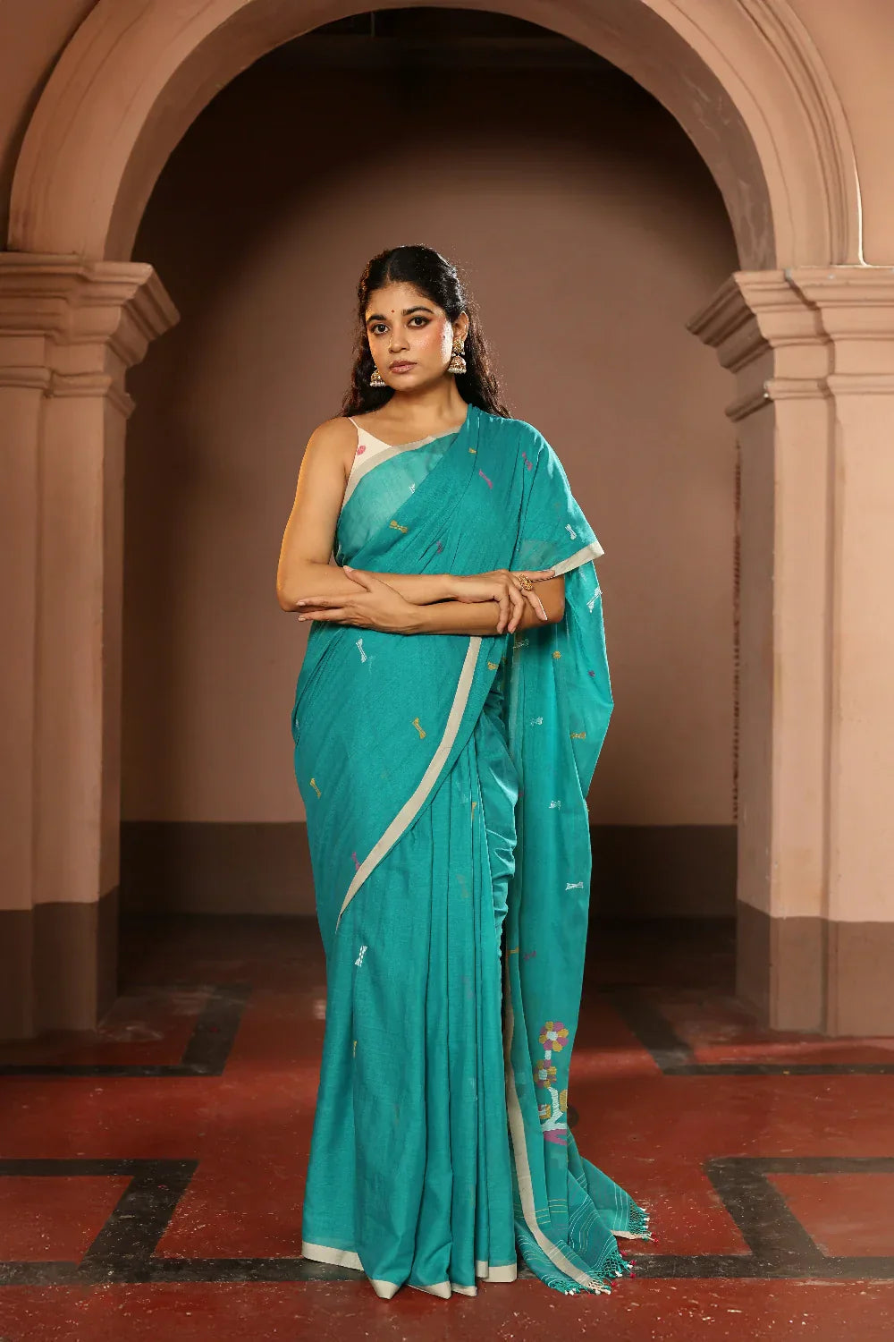 Handloom Deep Aqua Blue Pure Cotton Contemporary Jamdani Saree | SHOBITAM