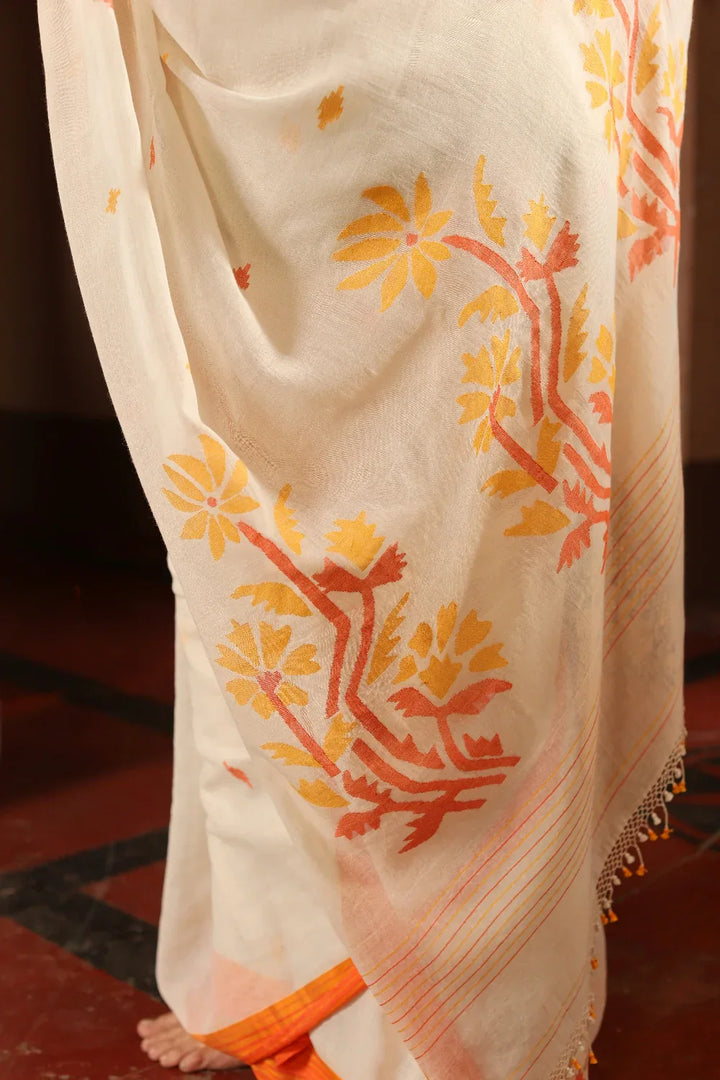 Handloom Off White and Orange Pure Cotton Floral Jamdani Saree | SHOBITAM