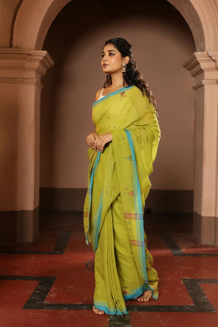 Handloom Lime Green Pure Cotton Contemporary Jamdani Saree | SHOBITAM